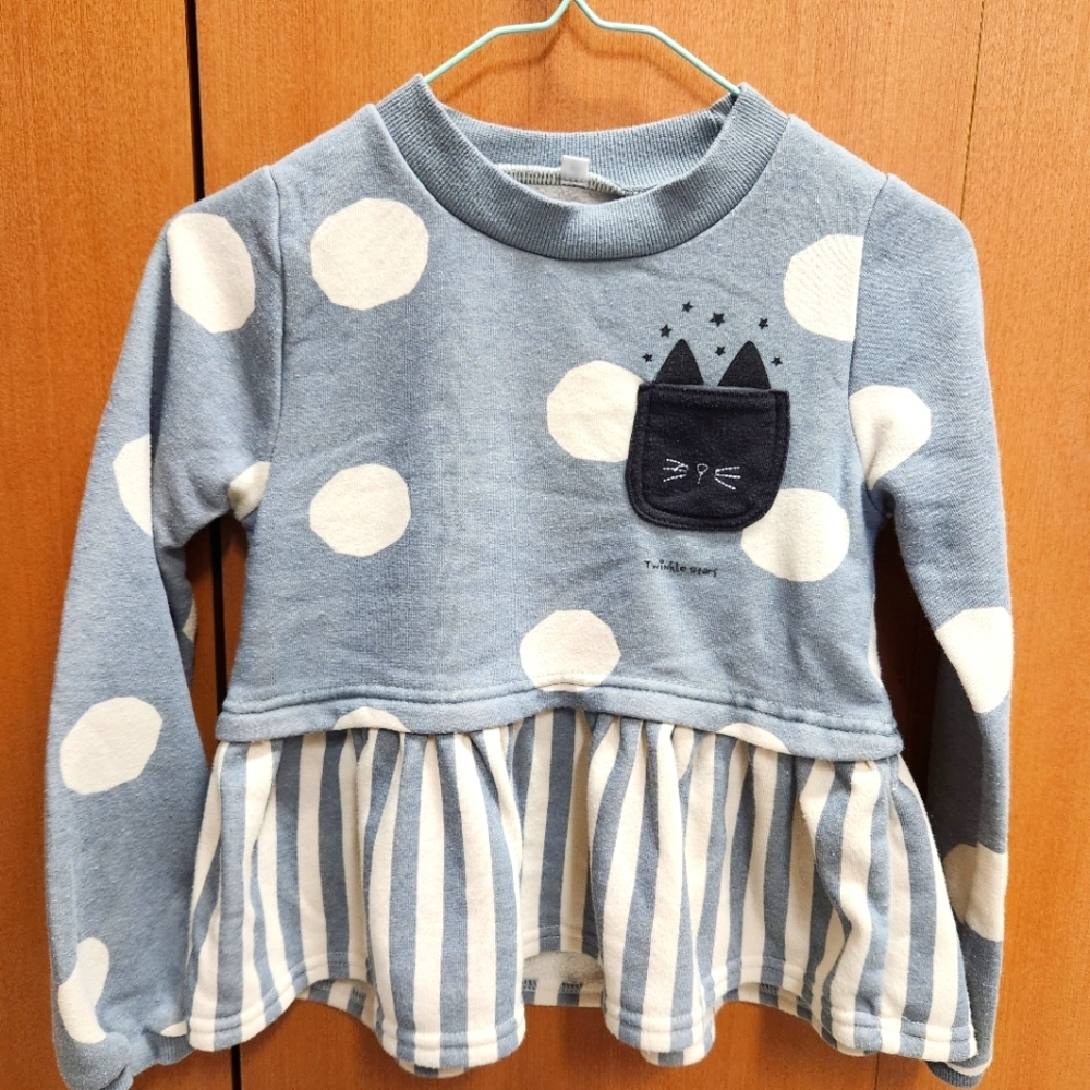 Blue Polka Dot Long Sleeve shirt with Black Cat Pocket Girls 130